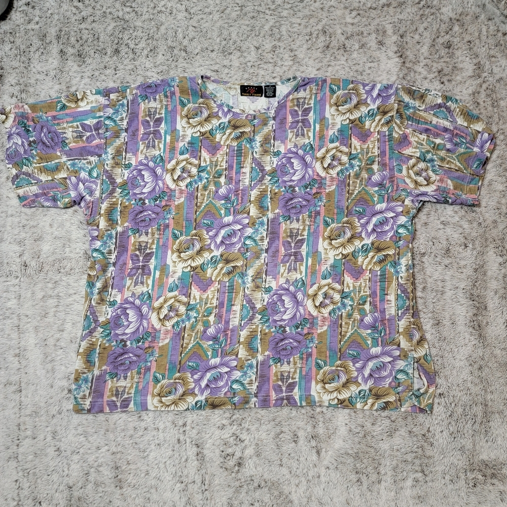 Vintage 90s Truly Yours Floral Print Shirt with Shoulder Pads - Purple - 3X